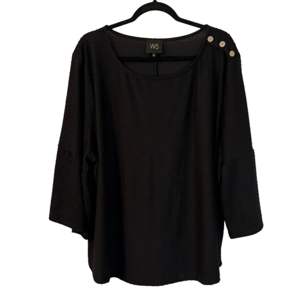 W5 Womens Black Clipped Dot Bell Sleeve Blouse Button Shoulder 2X Feminine Chic